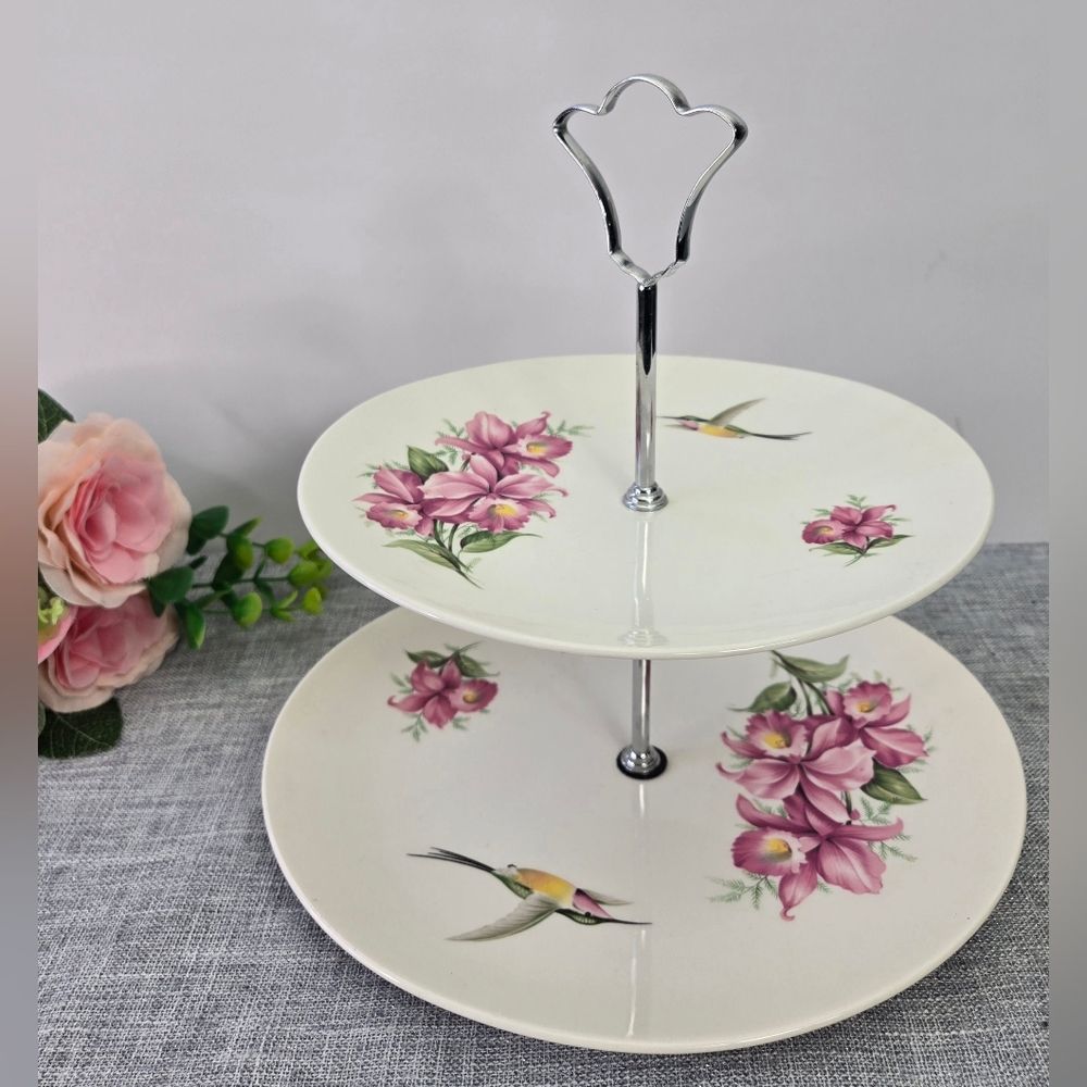 Vintage Wood & Sons 2‎ Tier Pink Orchids Pattern Oval Serving Plates England